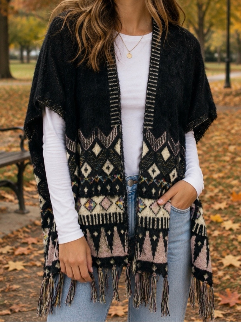 Desheng Black Patterned Multicolor Fair Isle Cardigan/Poncho/Wrap - Size - OS
